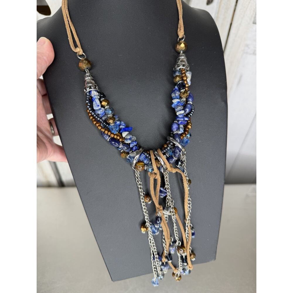 Lapis Beaded Torsade Corde Fringe Bib Necklace Boho Southwestern Silver Blue